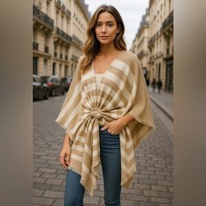Neutral Tan & Cream Striped Fringe Poncho Wrap – One Size